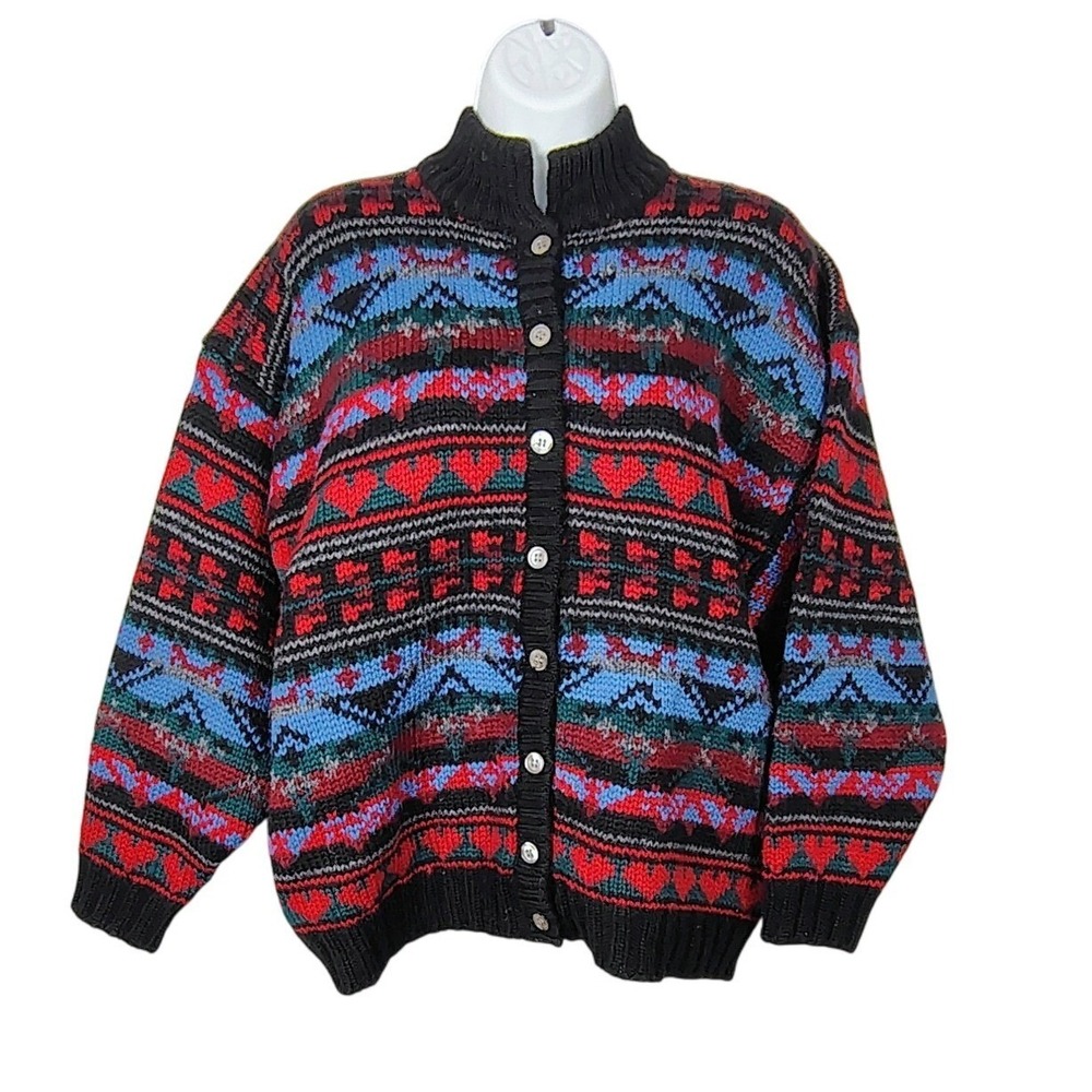 Aston Vintage 100% Wool Fair Isle Heart Cardigan Sweater Black Red Blue Womens M